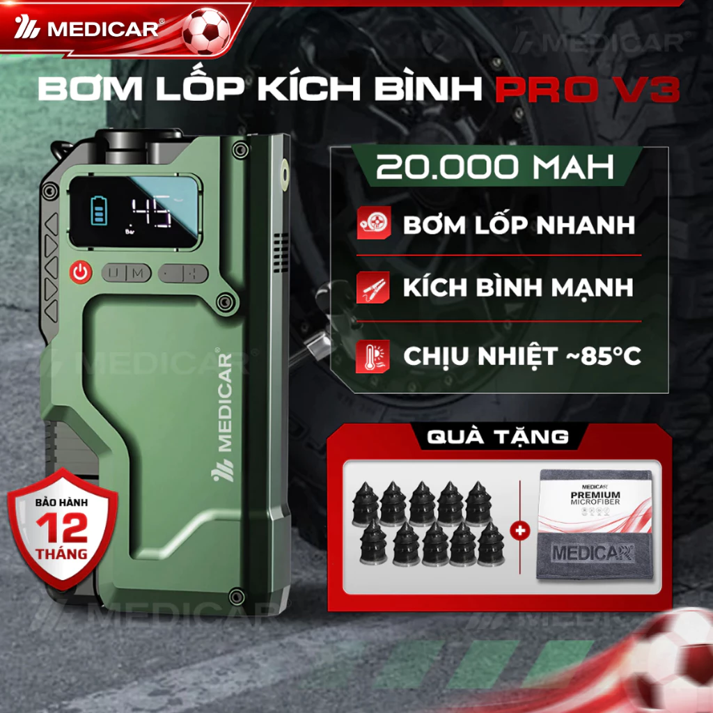 BƠM LỐP KÍCH BÌNH Ô TÔ V3 PRO 20.000mAh 4in1 Medicar - Tích hợp đèn chiếu sáng mạnh mẽ, công suất cao, an toàn sử dụng