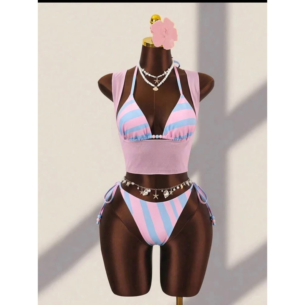 [Order] Set Bikini 3 Món Kẻ Sọc Phối Màu Hottrend Phù Hợp Mùa Hè, Đi Biển