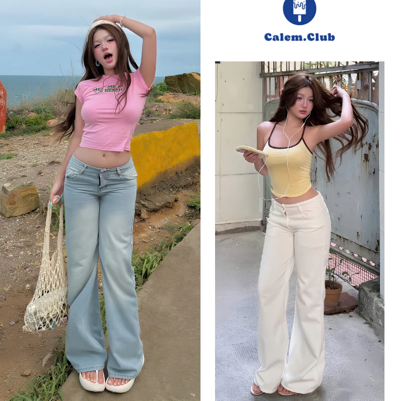 [MỞ BÁN] Quần Jean Cạp Trễ Màu Xanh Trắng Calem.Club Form Suông Rộng, Quần Bò Nữ Y2K Basic Tôn Dáng