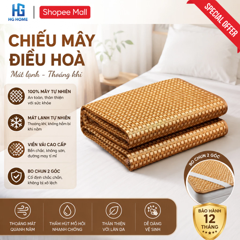 Chiếu Mây Điều Hòa Lót Lụa Cao Cấp Đa Dạng Kích Thước HGHOME - Chiếu Điều Hòa Sợi Mây Thoáng Mát Dễ Dàng Vệ Sinh