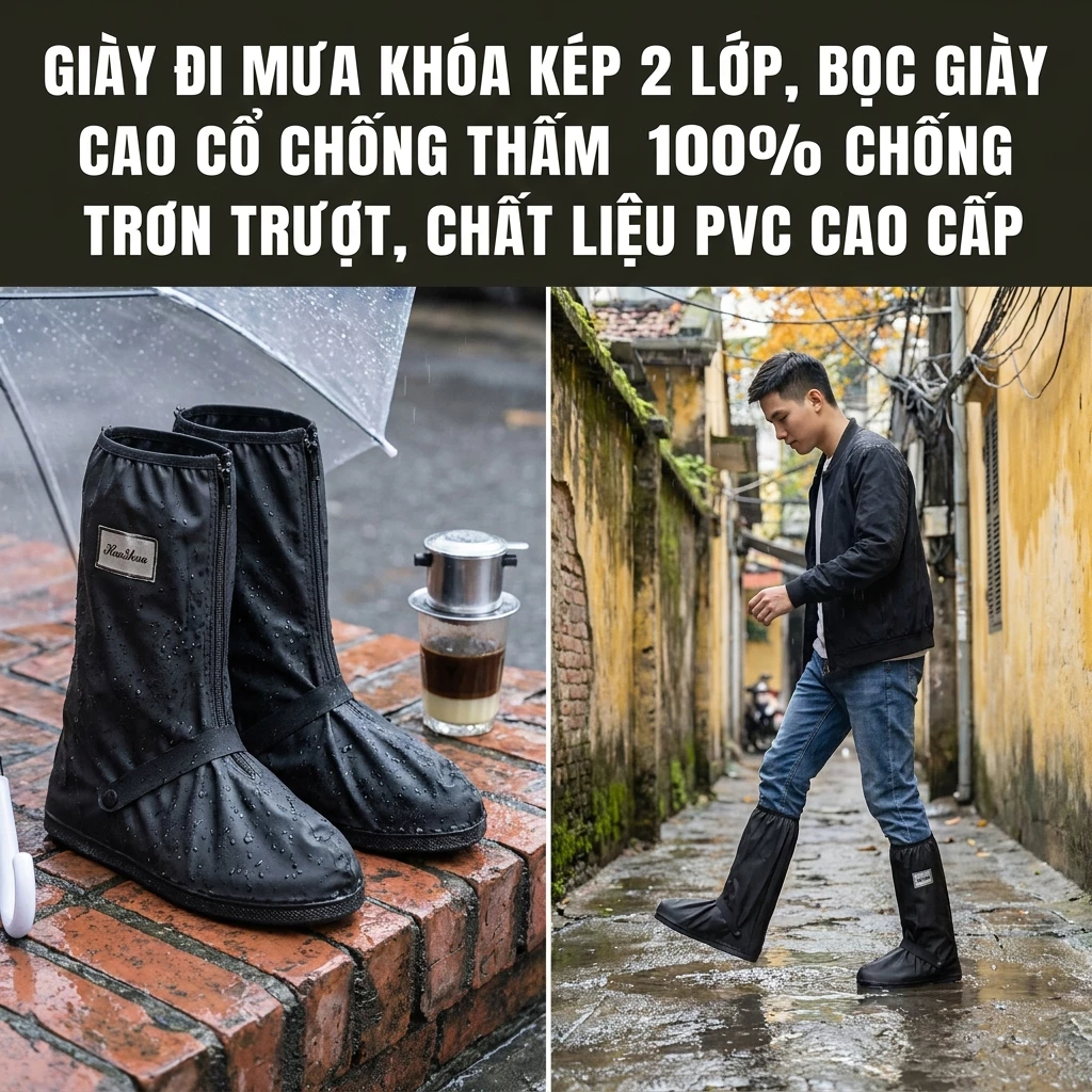 Bọc Giày Đi Mưa Cổ Cao Có Khóa Kéo 2 Lớp Chống Thấm Nước Chất Liệu PVC Dẻo Dai
