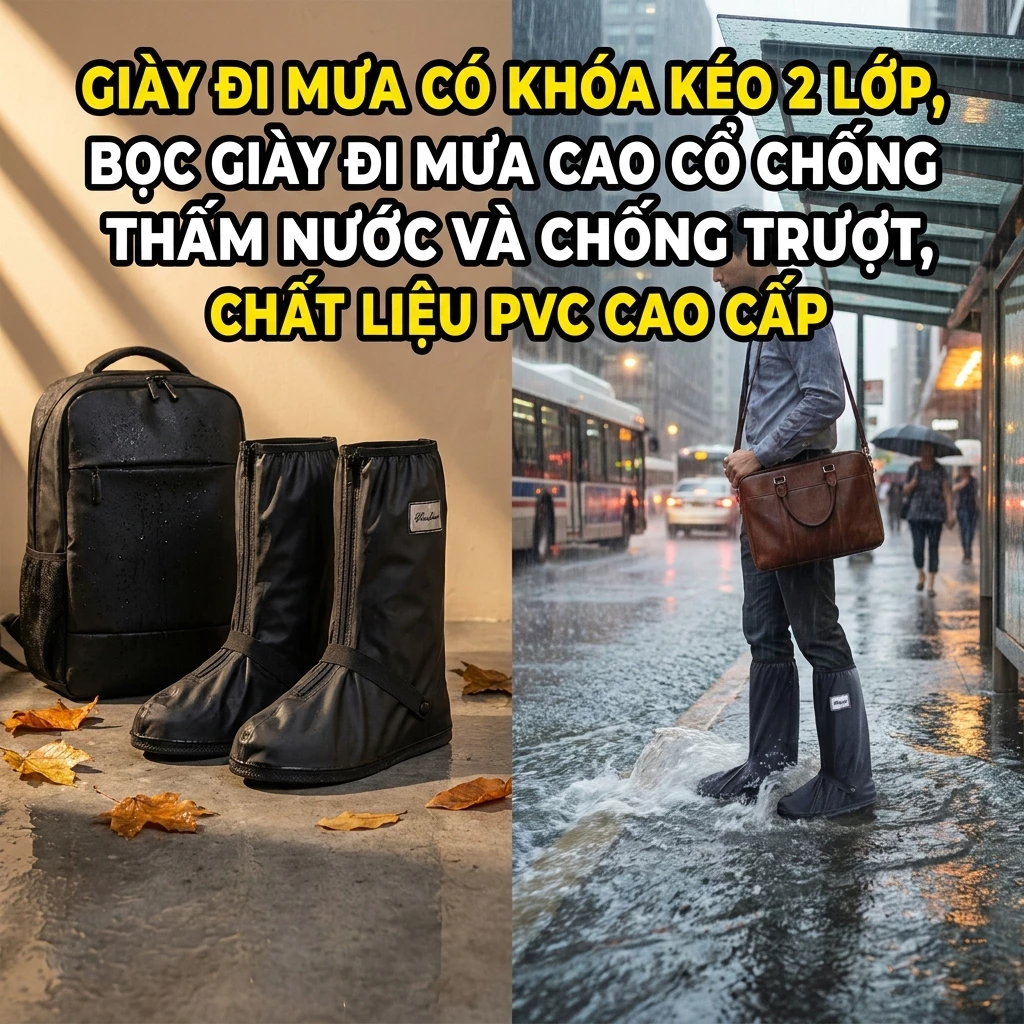 Ủng Đi Mưa Bọc Ngoài Giày Cổ Cao Khóa Kéo 2 Lớp Chất Liệu PVC Chống Trượt Khi Di Chuyển