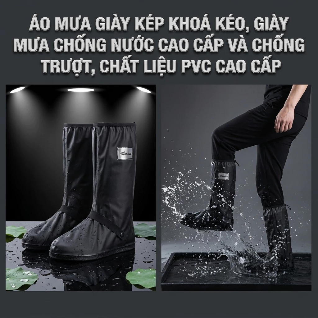 Bọc Giày Đi Mưa PVC Cổ Cao Có Khóa Kéo Hai Lớp Hạn Chế Thấm Nước Chống Trơn Trượt