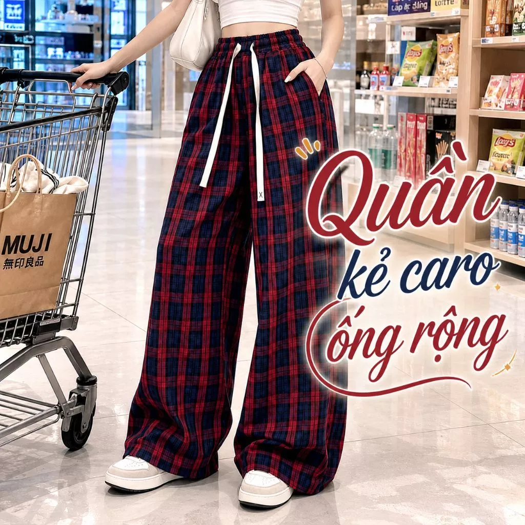 Quần kẻ caro ống rộng ZGO quần flannel unisex chất dày dặn hack dáng cạp cao QZG29.