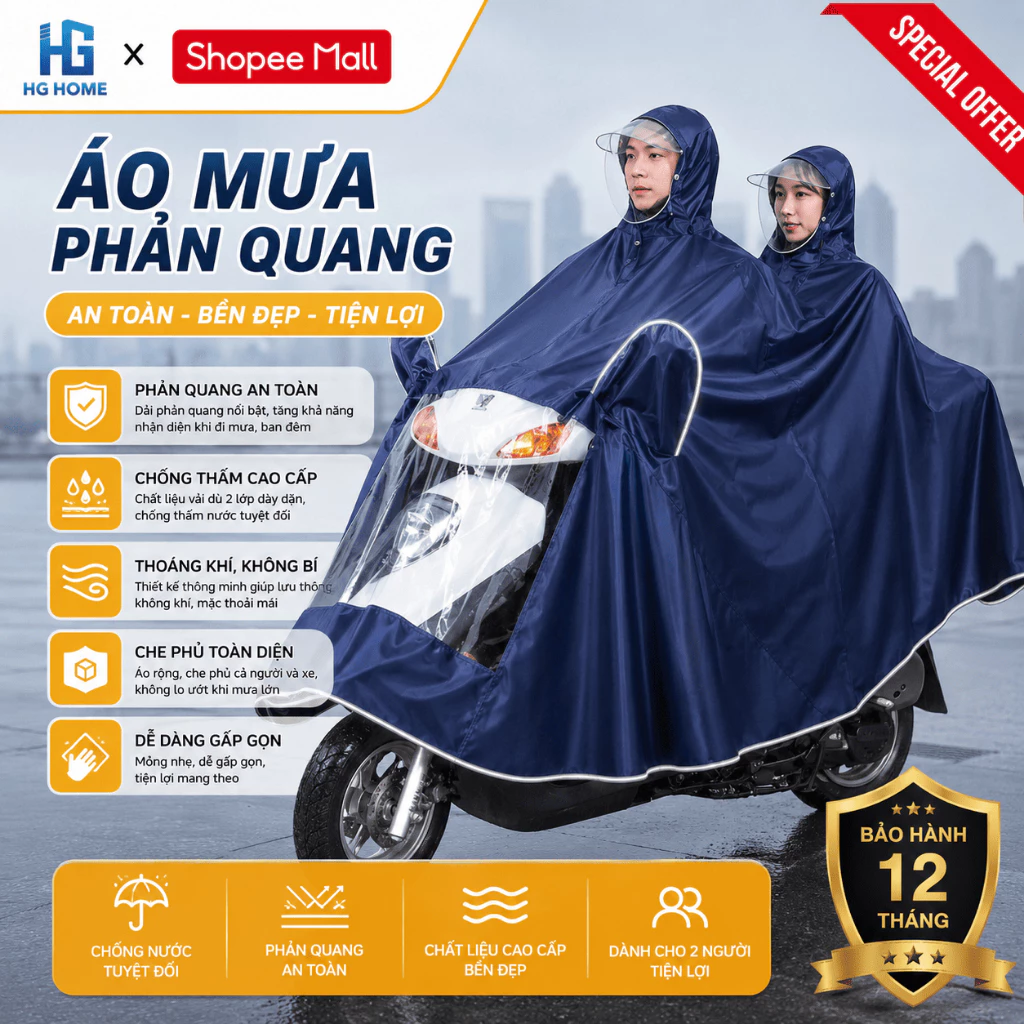 Áo Mưa Phản Quang 1 Người Và 2 Người HGHOME Che Phủ Toàn Thân Kèm Kính Chắn Mưa Tiện Lợi  [ Hàng Tốt ]