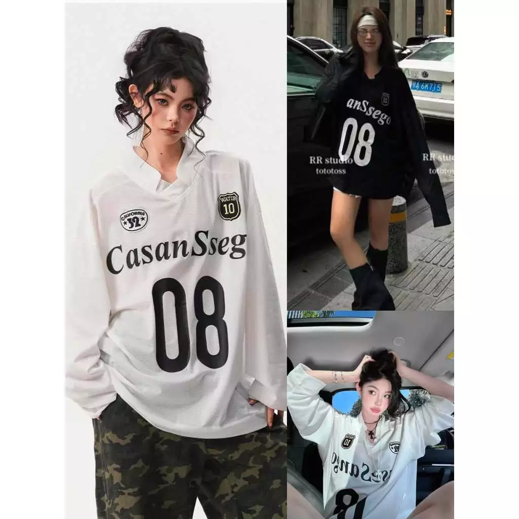 Áo Thun Nữ Dài Tay Form Rộng Unisex Cổ V CasanSseg Dáng Thụng Mặc Thu Đông Phong Cách Thể Thao Năng Động In Số 08