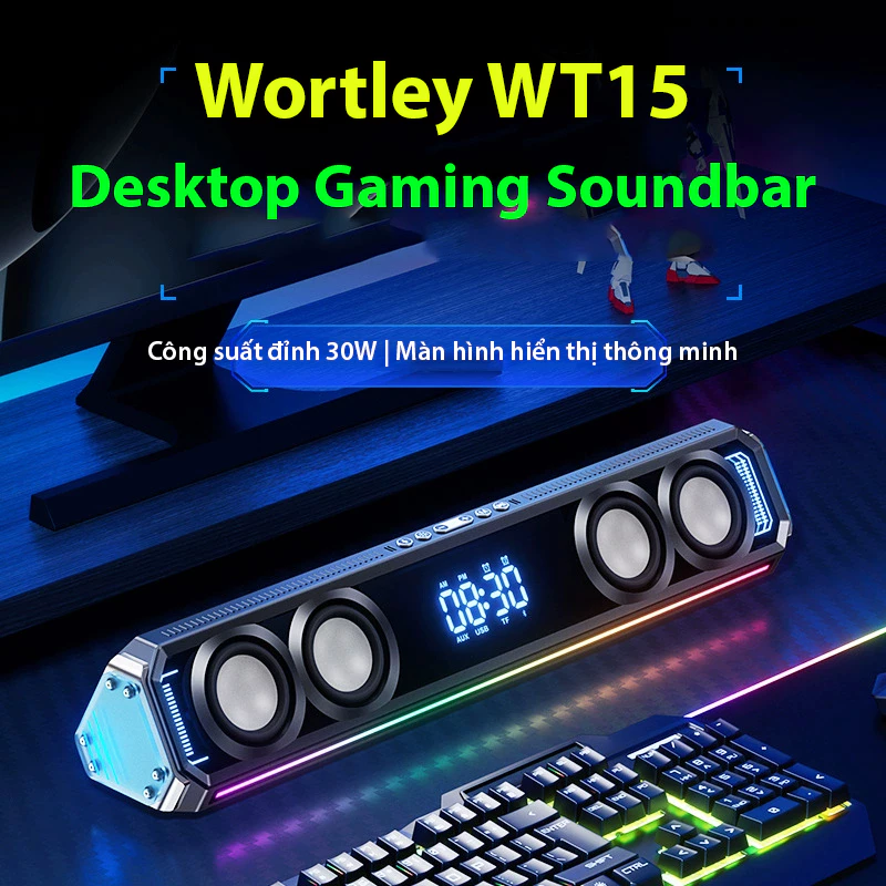Loa Soundbar Bluetooth Wortley WT15 Pro 30W Âm Thanh 7.1 - LED RGB Màn hình gương hiển thị thời gian