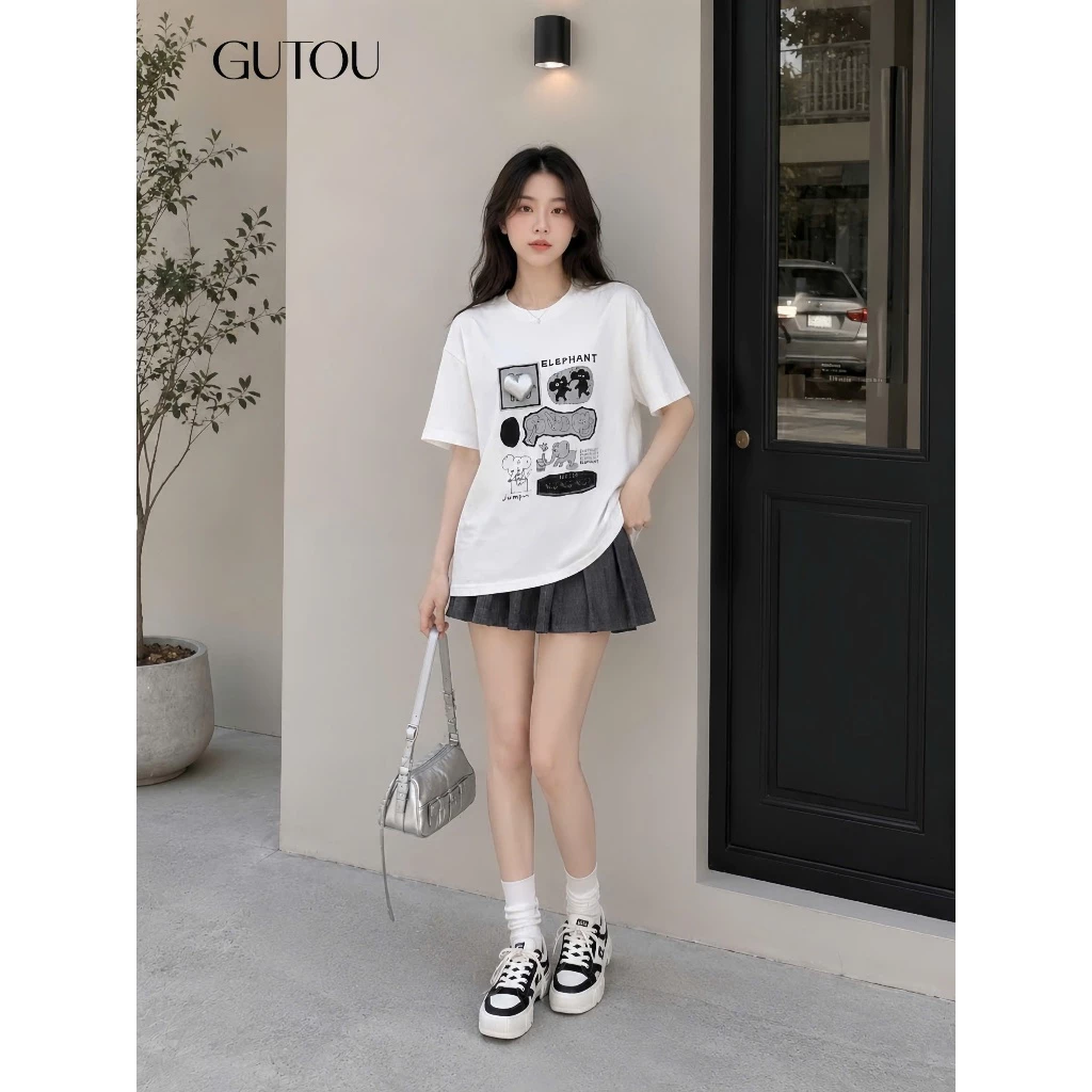 QCCC L1 Áo Thun Form Rộng In Graphic Elephant Trái Tim G274