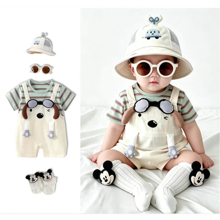 Bé mùa hè bông tay ngắn Romper thời trang Kính nắng chó phong cách Hàn Quốc Jumpsuit 0-24 M