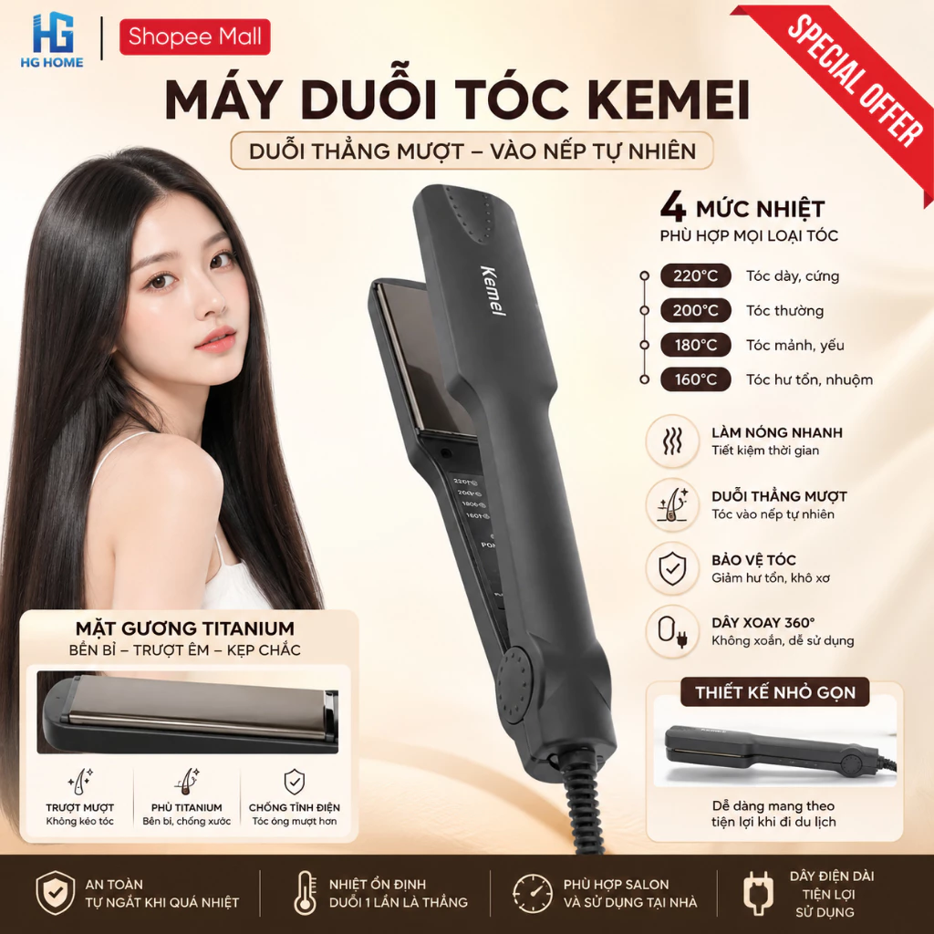 Máy Duỗi Tóc Tạo Kiểu HGHOME Chính Hãng, Là Thẳng, Uốn Cụp Đa Năng 4 Mức Nhiệt [ HÀNG CHÍNH HÃNG ]