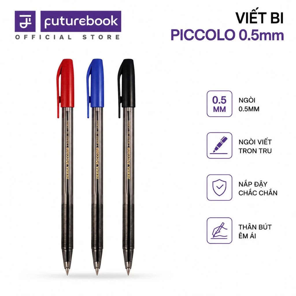 Hộp 12 Cây Viết Bi Nắp Zebra Ngòi 0.5mm Xanh, Đỏ, Đen FUTUREBOOK Phân Phối Chính Hãng - PICCOLO
