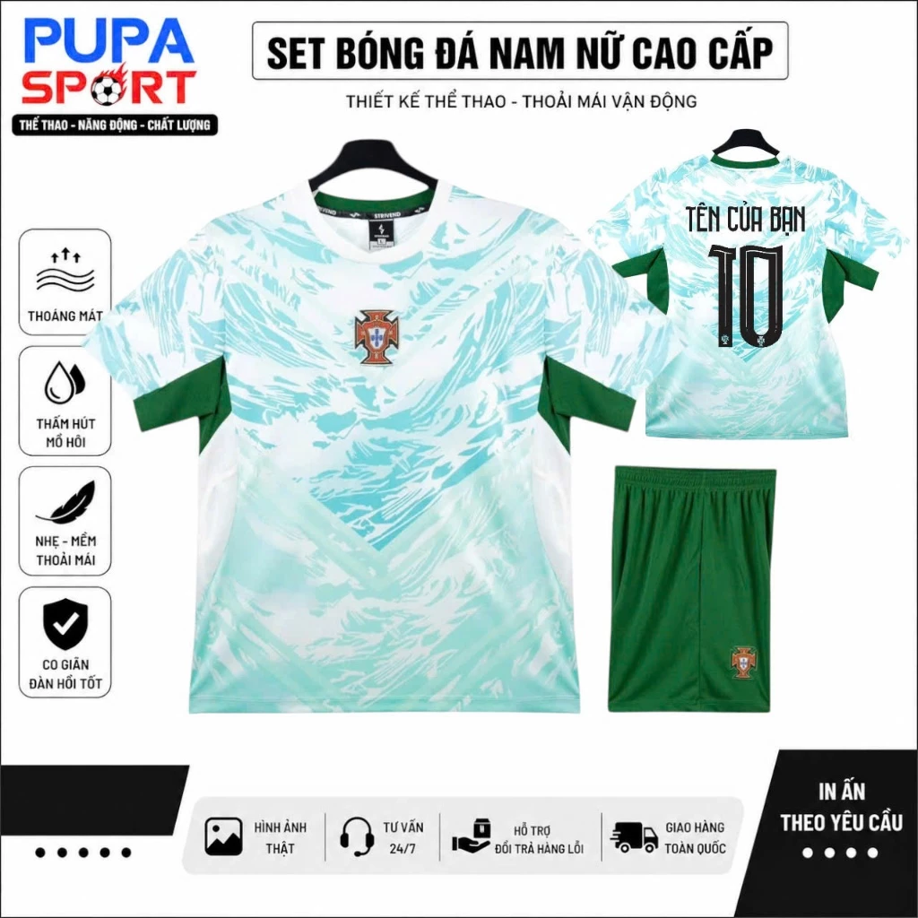 Bộ Quần Áo Bóng Đá Bồ Đào Nha Khách WC26 - Trắng Xanh, Vải Mè Cho Nam Nữ, Có In Tên Số.