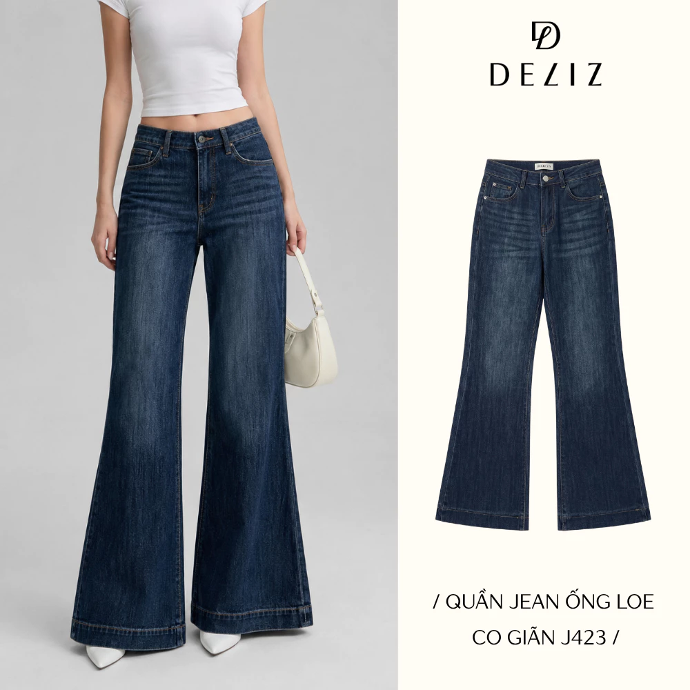 DELIZ JEAN PREMIUM - Quần jean nữ ống loe co giãn cạp vừa wash xanh tôn dáng dài chân J423 (đã cắt sẵn khuy)