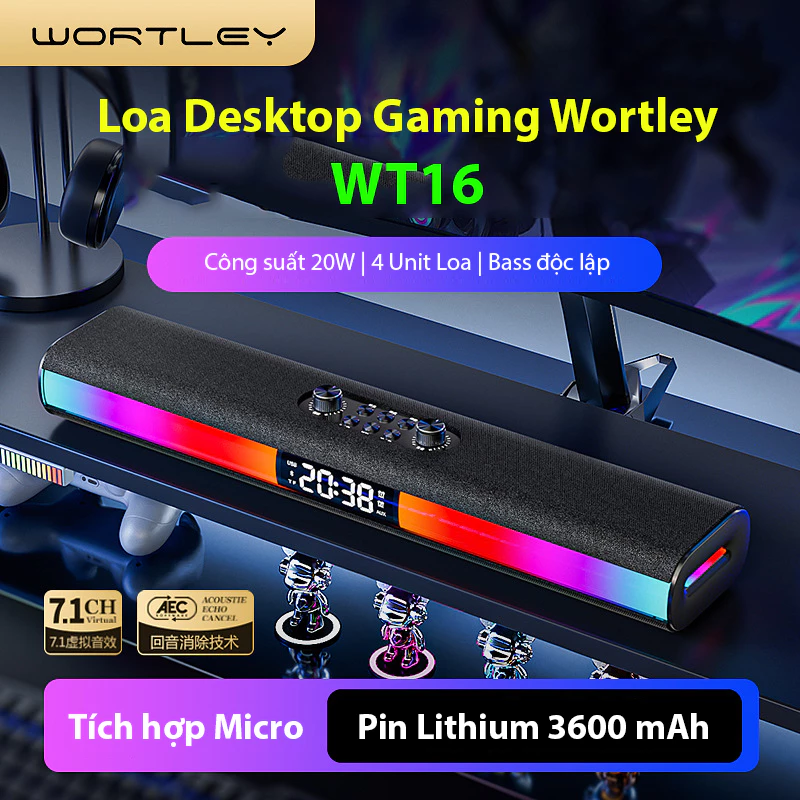 Loa Bluetooth Soundbar  Gaming Wortley WT16 - Đèn LED RGB 9 Chế Độ Nháy Theo Nhạc, 20W Bass độc lập