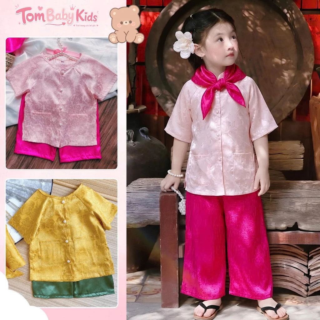 Bà ba cho bé gái, bộ bà ba cho bé gái chơi Trung Thu, Lễ Tết TẶNG KHĂN TURBAN cho bé 7-26kg Tom Baby Kids BTT-028-SK