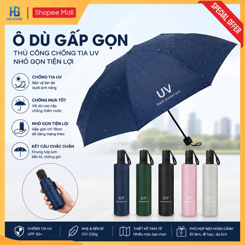 Ô Dù Che Mưa Đi Nắng HGHOME Gấp Gọn Thủ Công Chống Tia UV, Nhỏ Gọn Cầm Tay Tiện Lợi