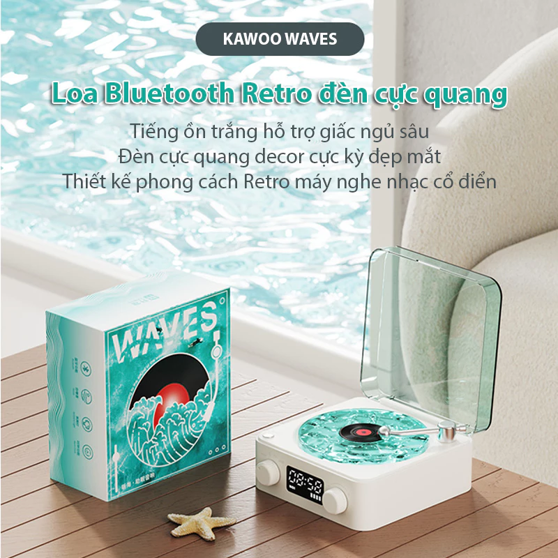 Loa Bluetooth Tiếng Ồn Trắng KAWOO WAVES KW03 Phong Cách Retro -  Đèn LED Cực Quang Aurora Đổi Màu
