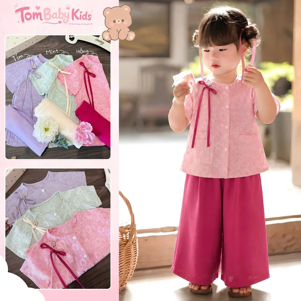 Đồ bà ba gé gái, bộ bà ba bé gái truyền thống Gấm Lụa Hoa cao cấp Tom Baby Kids (BTT-029-SK)