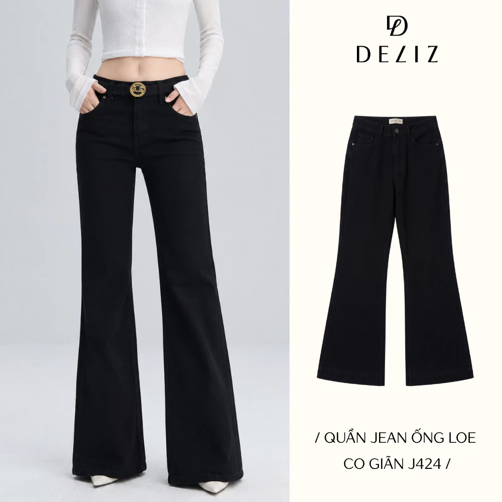 DELIZ JEAN PREMIUM - Quần jean nữ ống loe co giãn cạp vừa màu đen đứng form thanh lịch J424 (đã cắt sẵn khuy)