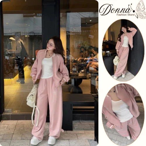 Set đồ nữ, đồ bộ nữ DONNA HCOM26798 áo khoác mix quần suông chất nỉ bông màu hồng siêu xinh