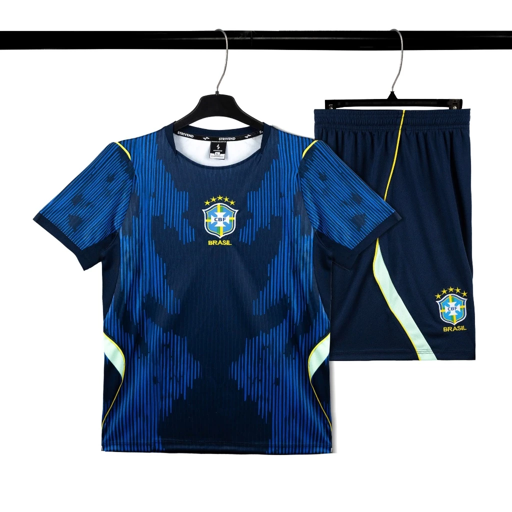 Bộ Quần Áo Bóng Đá Brazil Sân Khách WC26 - Xanh Đen, Vải Mè Cho Nam Nữ, Có In Tên Số.