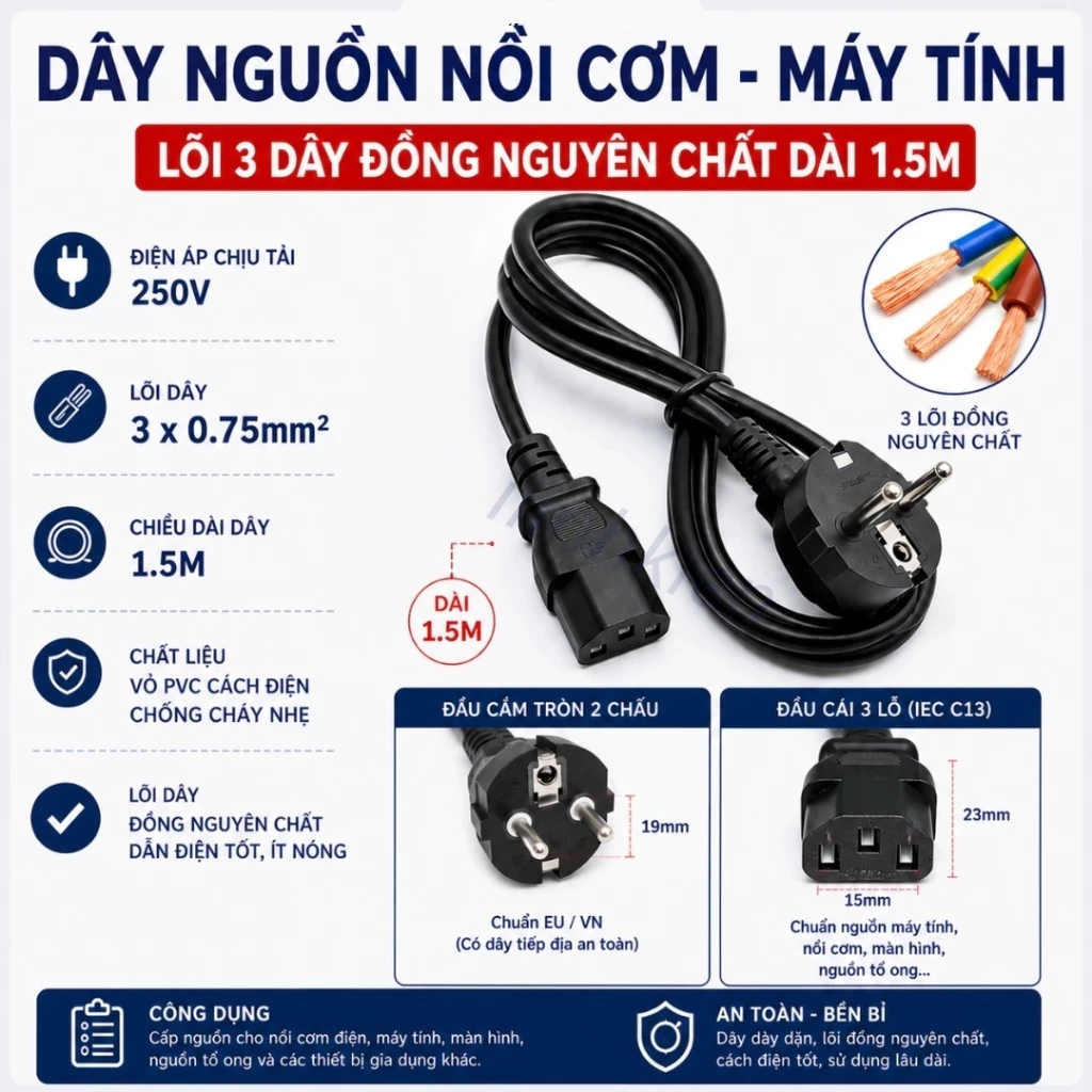 Dây nguồn nồi cơm điện dài 1,5m lõi 3x0.75mm.