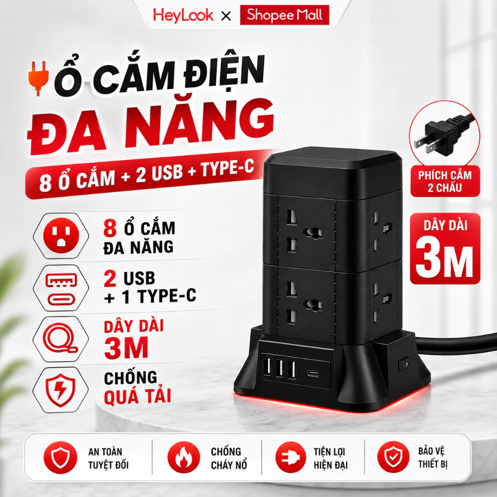 Ổ Cắm Điện Dáng Trụ Sạc Nhanh, Công Suất 2500W Có Cổng USB Type C – Chống Cháy Có Chốt An Toàn