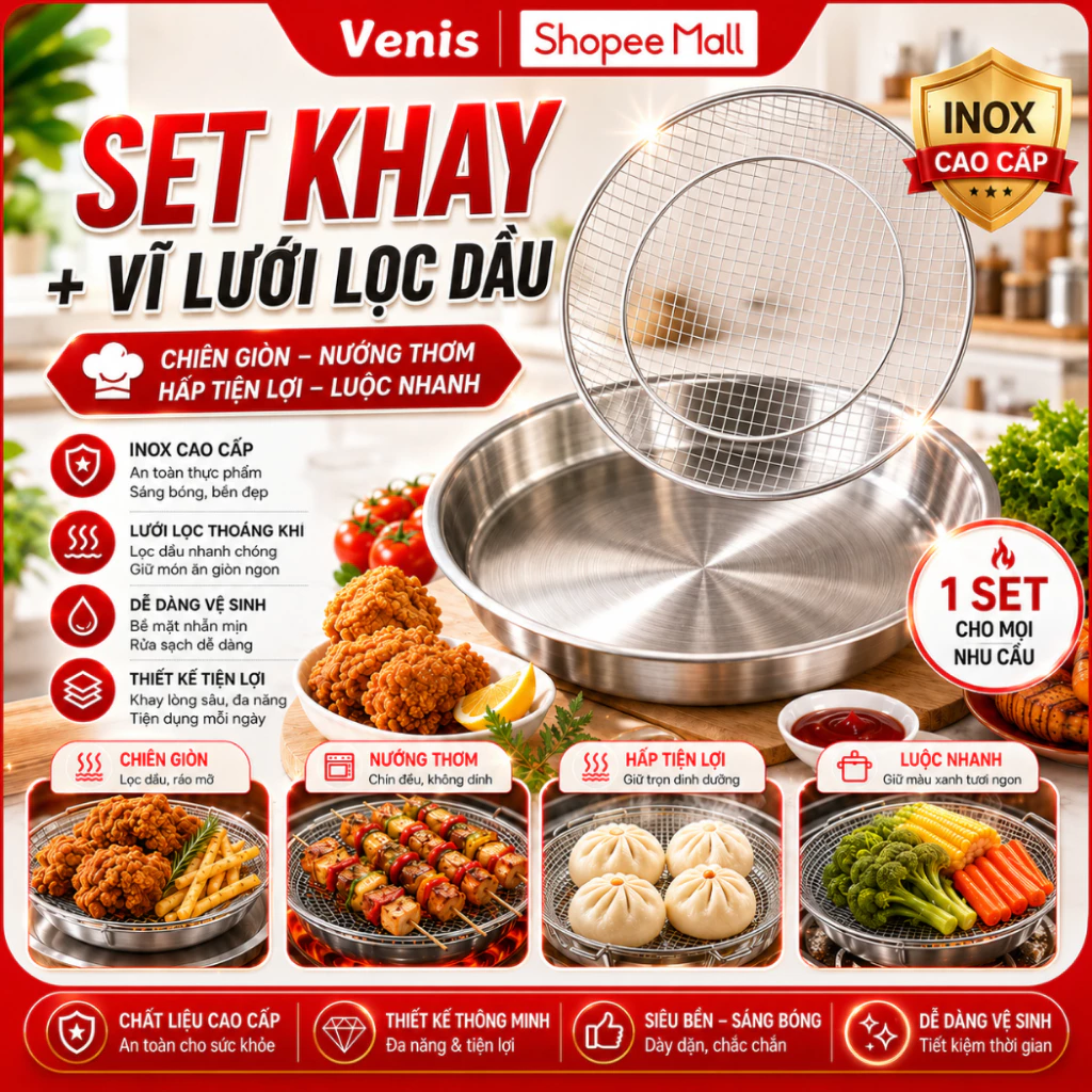 Set Khay Kèm Vỉ Lưới Lọc Dầu Inox Cao Cấp 20cm Đựng Thực Phẩm Cho Nồi Chiên Không Dầu