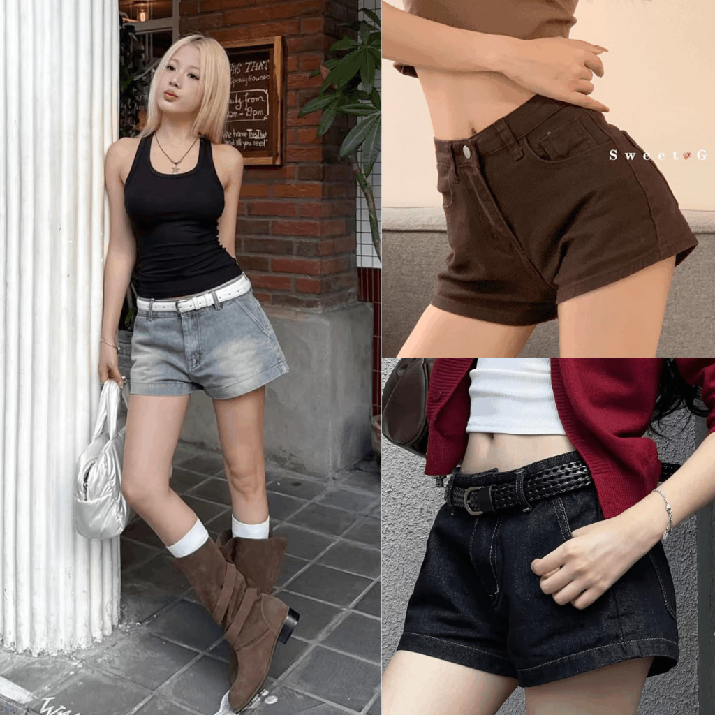 Quần Short Jean Cạp Trễ Dáng Ngắn Xanh Xám Wash Retro Chất Jean Denim Ống Rộng Hack Chân Tôn Dáng