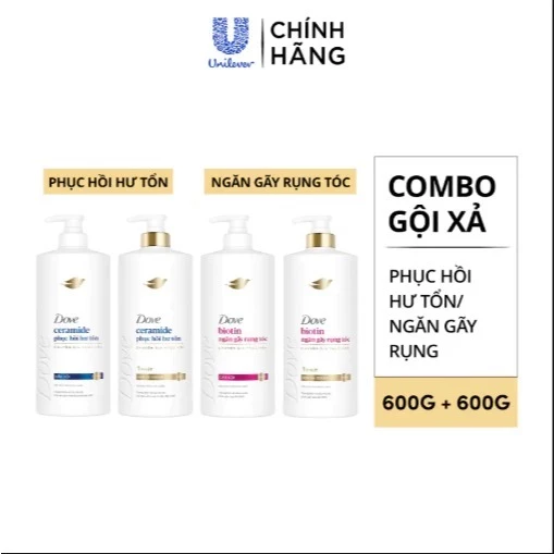 [LIVE] Combo Dầu Gội, Kem Xả Dove Ceramide Phục hồi hư tổn / Biotin Ngăn gãy rụng tóc 600G