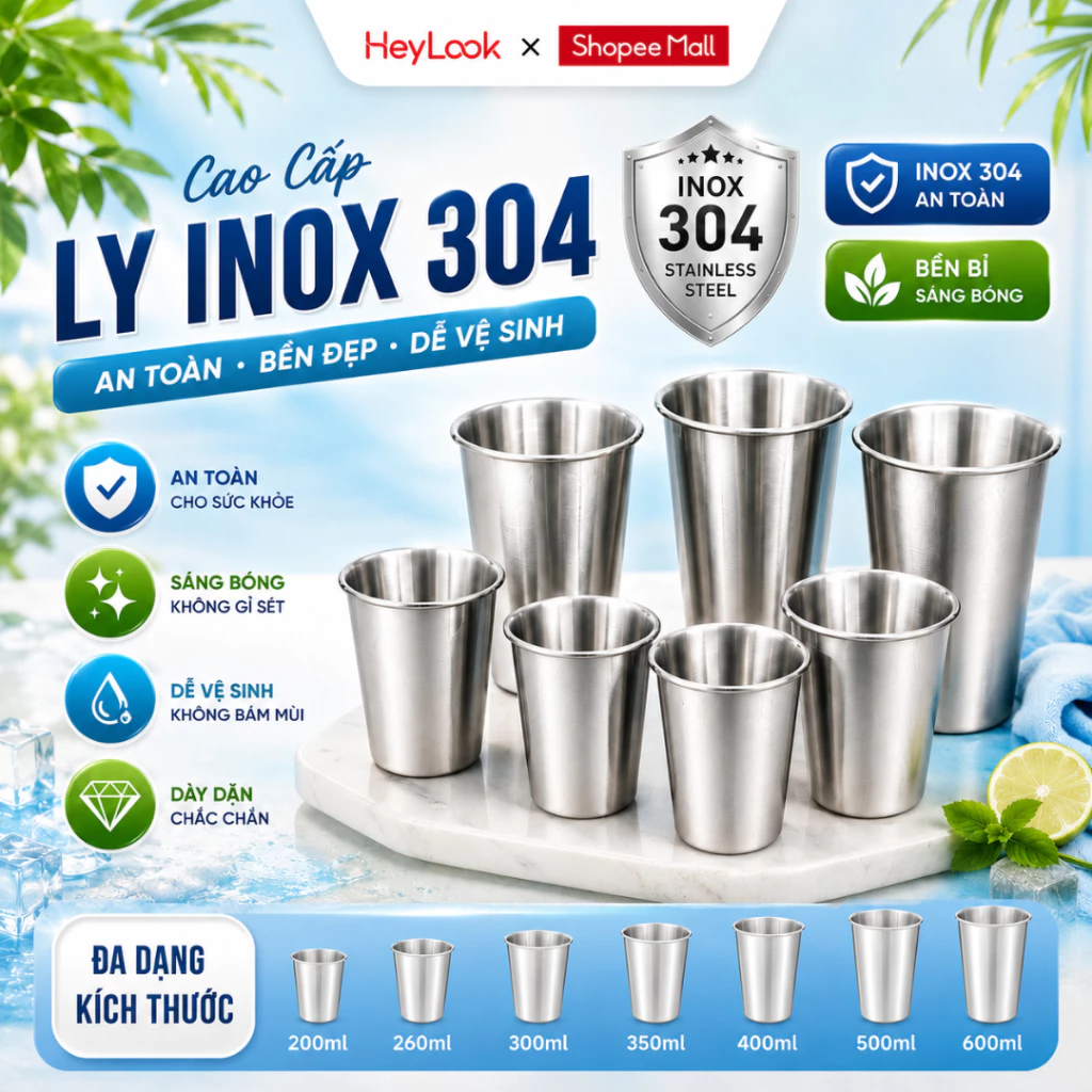 Ly Inox 304 Cao Cấp Cốc Uống Nước Không Gỉ Dày Dặn An Toàn Dễ Vệ Sinh Đa Dung Tích 200ml - 600ml
