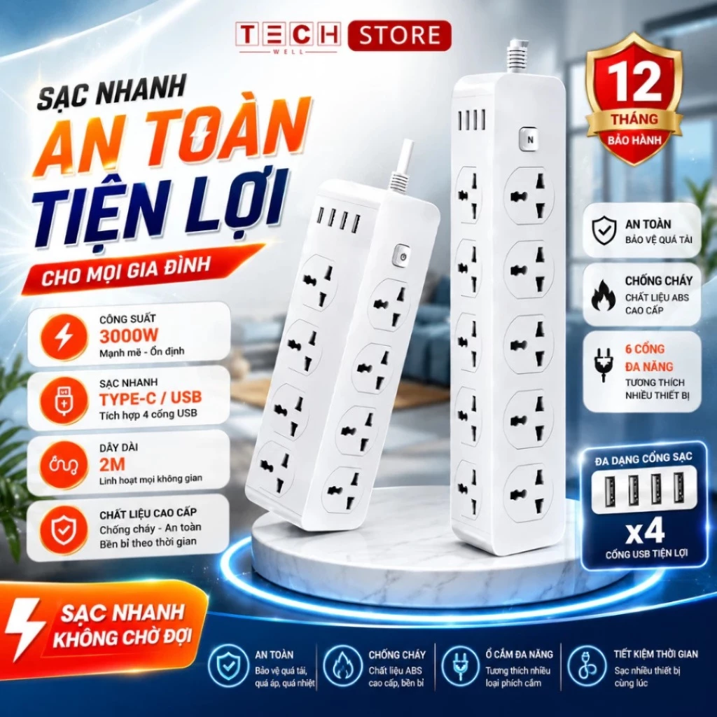 Ổ Cắm Điện Đa Năng Cao Cấp 3000W,Sạc Nhanh 20W TypeC USB,Ổ Điện Nhiều Lỗ Công Suất 3000W Lõi Chống Giật Dây 2M