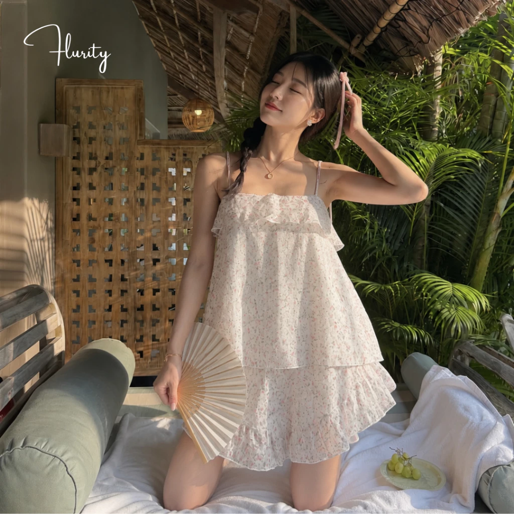 Set Bộ Đồ Ngủ Mặc Nhà Form Rộng Áo Hai Dây Thắt Nơ Sau Lưng Quần Ngắn Chất Voan Kết Lông Xù FLURITY - AIRA BNSELV190