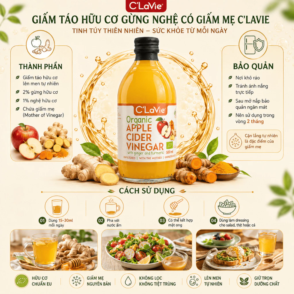 Giấm Táo Hữu Cơ Gừng Nghệ C’LaVie 500ml Nhập Khẩu Ý Hỗ Trợ Ăn Uống Lành Mạnh