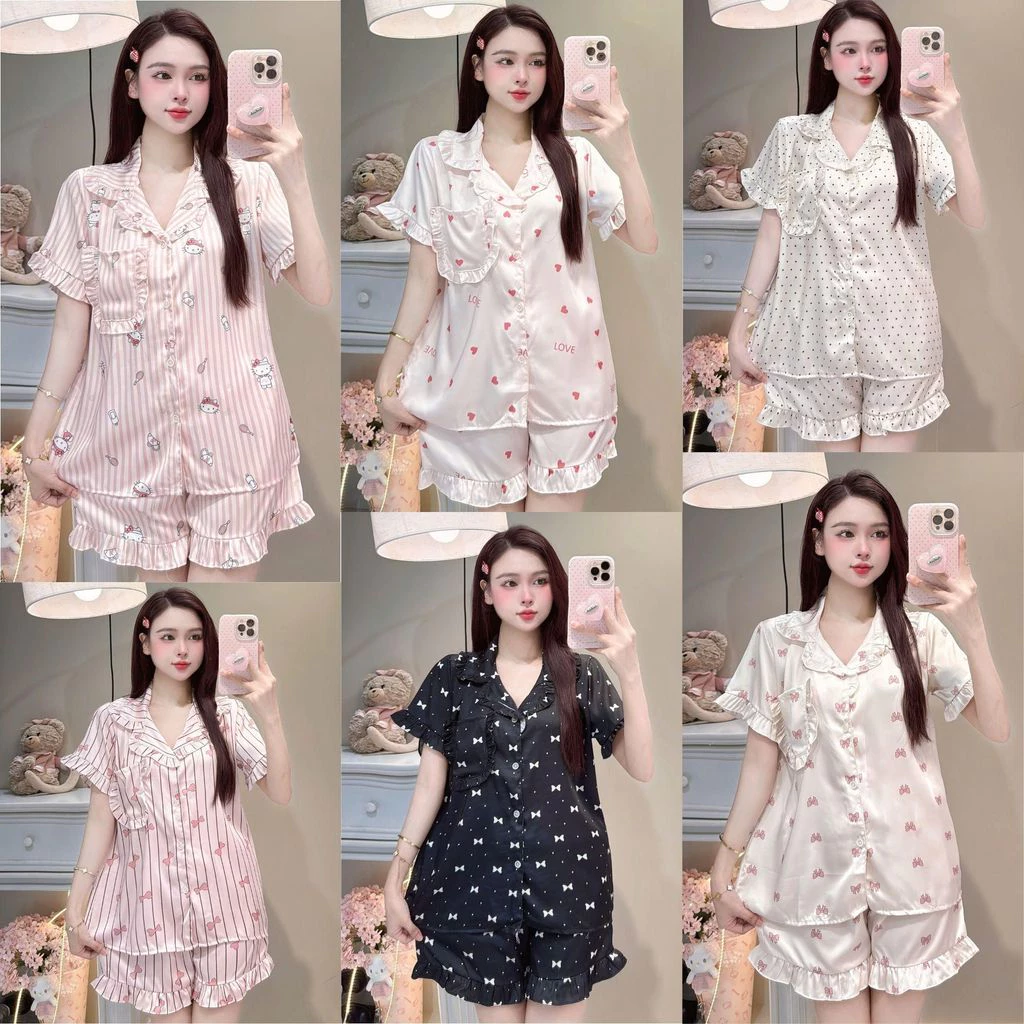 Bộ Ngủ Mặc Nhà Lụa Latin Viền Bèo cao cấp Siêu Xinh Dễ Thương - Dành Cho Nữ WQA27
