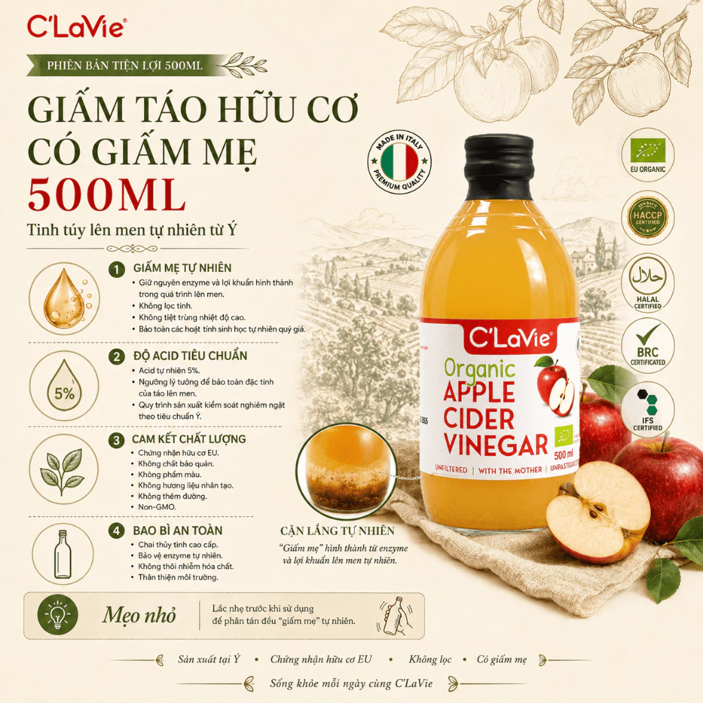 Giấm Táo Organic C’LaVie 500ml Có Giấm Mẹ Chuẩn Ý, Vị Chua Thanh Dễ Dùng