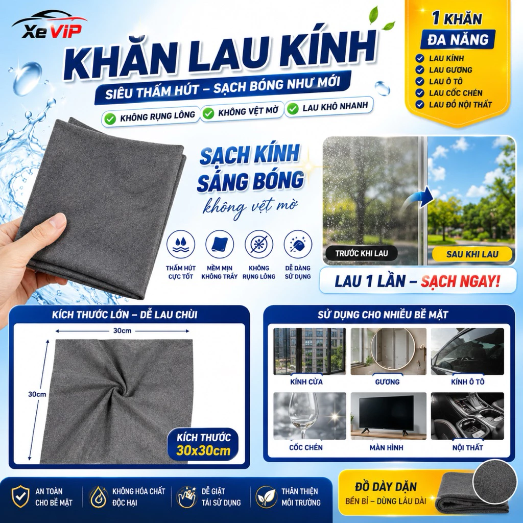 Combo 2 / 5 Khăn Lau Đa Năng Oxy 30x30cm Siêu Thấm Hút - Khăn Lau Kính, Lau Xe Ô Tô, Lau Gương Không Để Lại Vệt Nước
