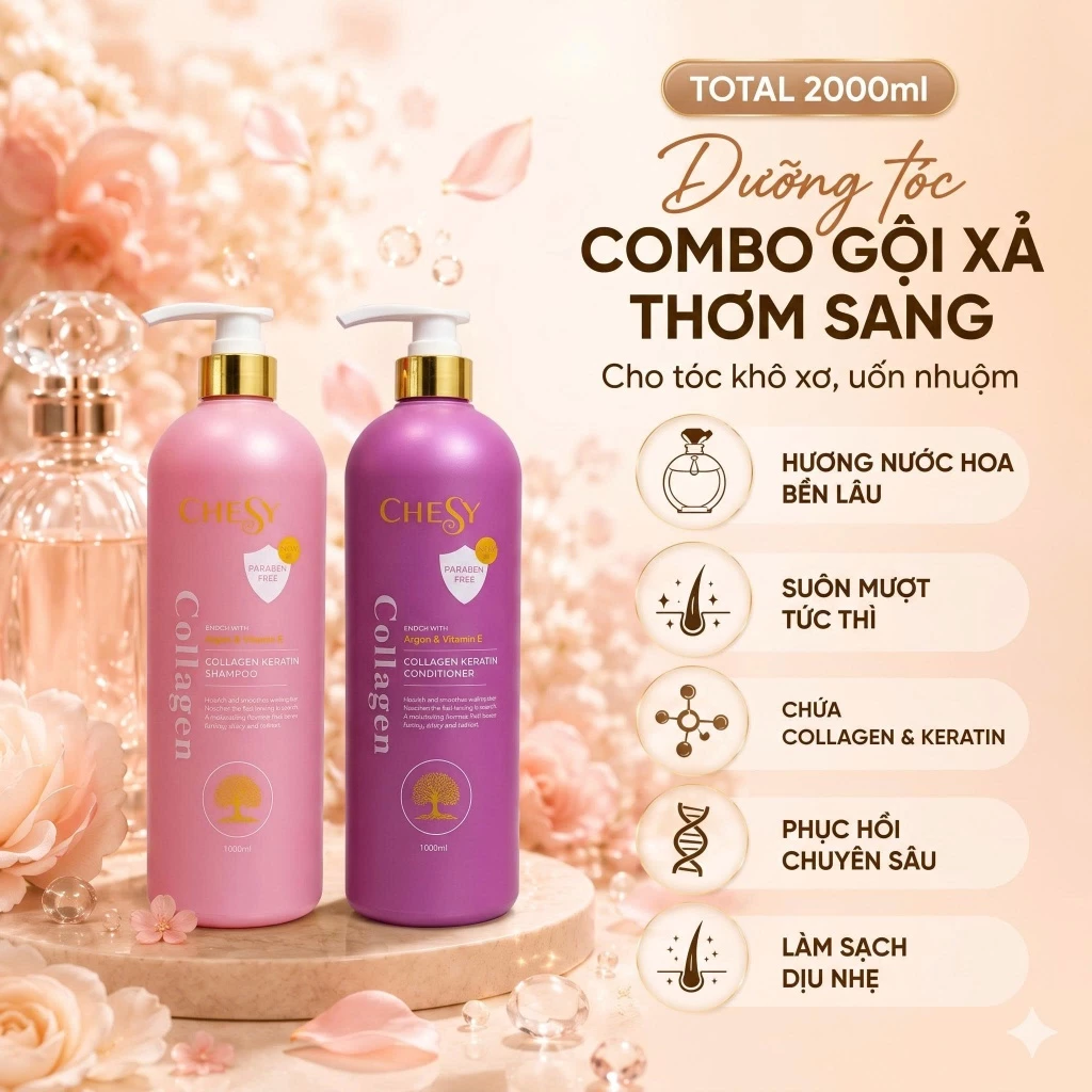 [CHESY] Combo Dầu Gội Xả CHESY Collagen 1000ml Giảm Bết Nhờn, Phục Hồi Hư Tổn, Dưỡng Tóc Mềm Mượt, Bóng Khỏe
