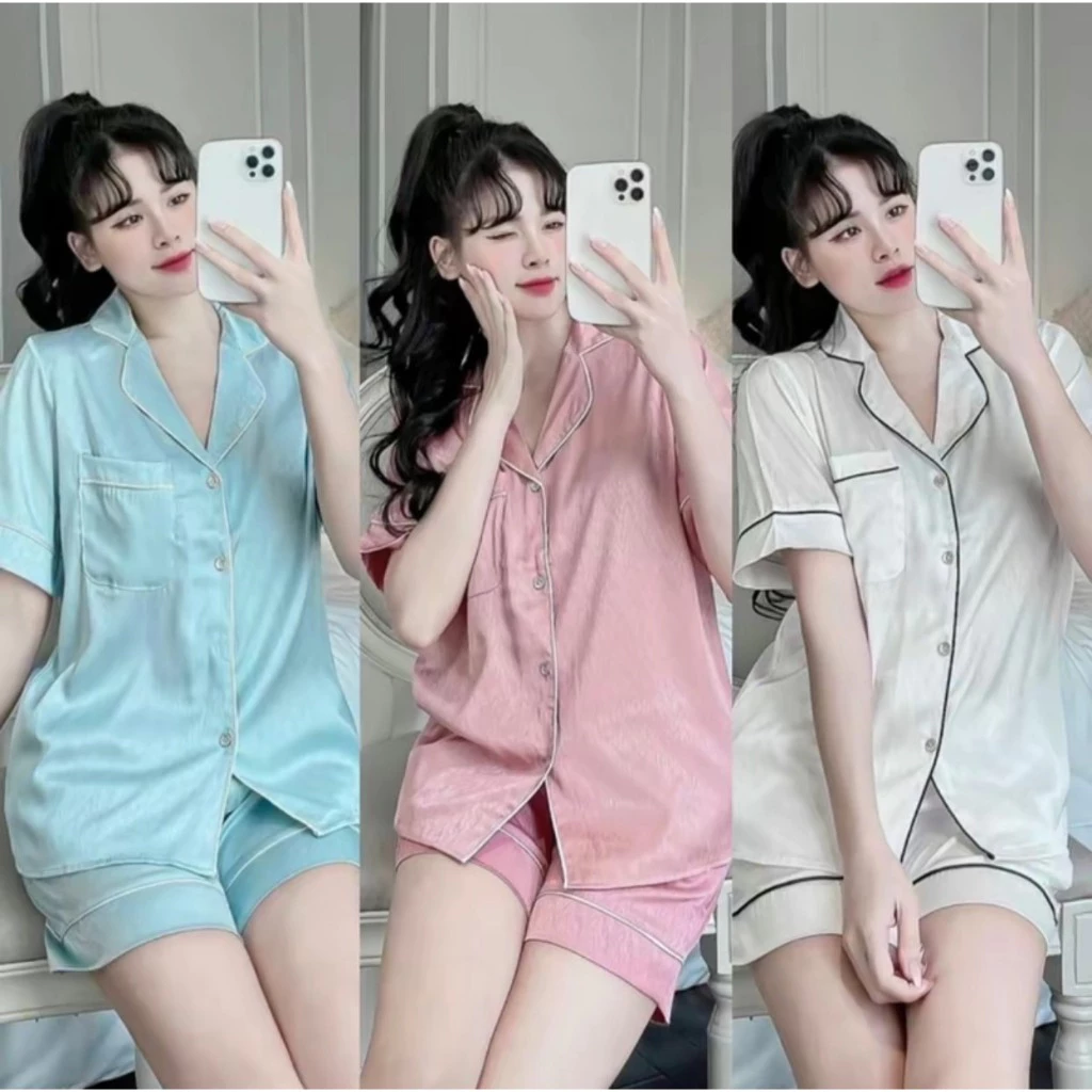 Bộ Đồ Ngủ Nữ Pijama Lụa Gấm Xước Ánh Kim Ngắn Tay Mặc Nhà Dễ Thương Cao Cấp WQA33