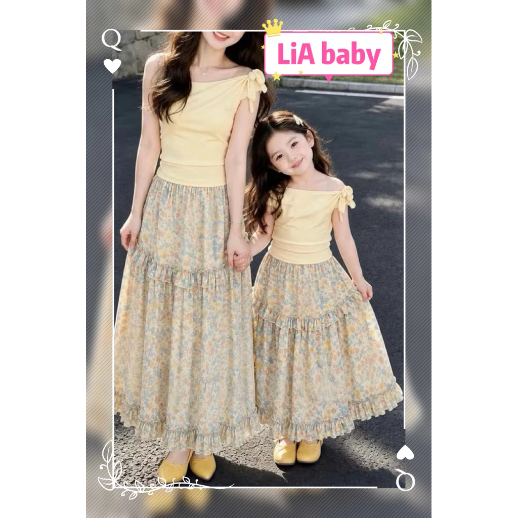 [Đồ đôi] Set váy mẹ và bé áo trễ vai phối nơ kèm chân váy hoa dài xoè siêu xinh diện đi chơi đi biển _G9