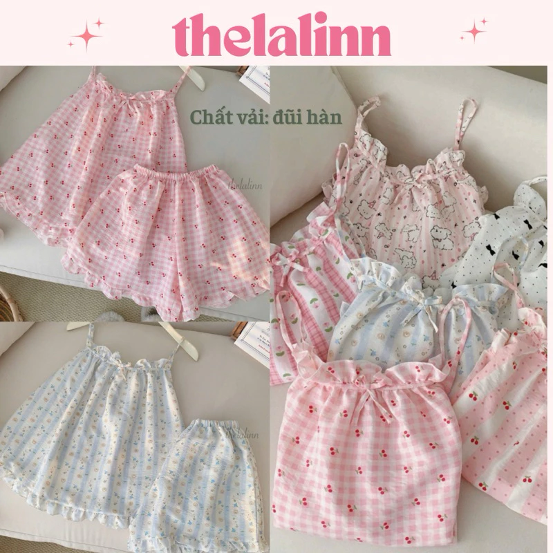 [ẢNH THẬT] Set pijama đũi hàn 2 dây mềm mại hoạ tiết xinh xắn. Bộ ngủ nữ đũi cotton dây mùa hè WQA035