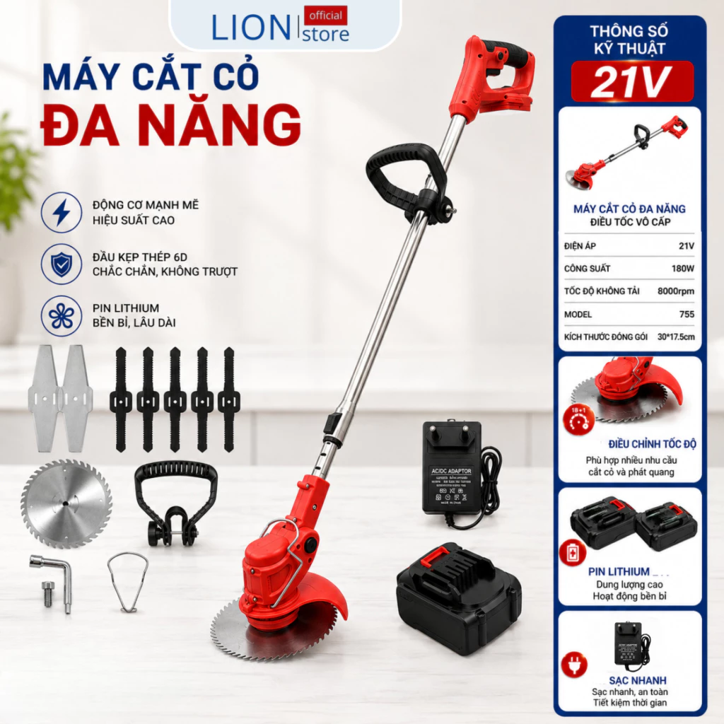 [𝐠𝐢𝐚𝐝𝐮𝐧𝐠𝐋𝐈𝐎𝐍] Máy Cắt Cỏ Dùng Pin Đa Năng 2 Pin Lithium 1800W Điều Tốc Vô Cấp Máy Phát Cỏ Mini Kèm Nhiều Lưỡi Cắt