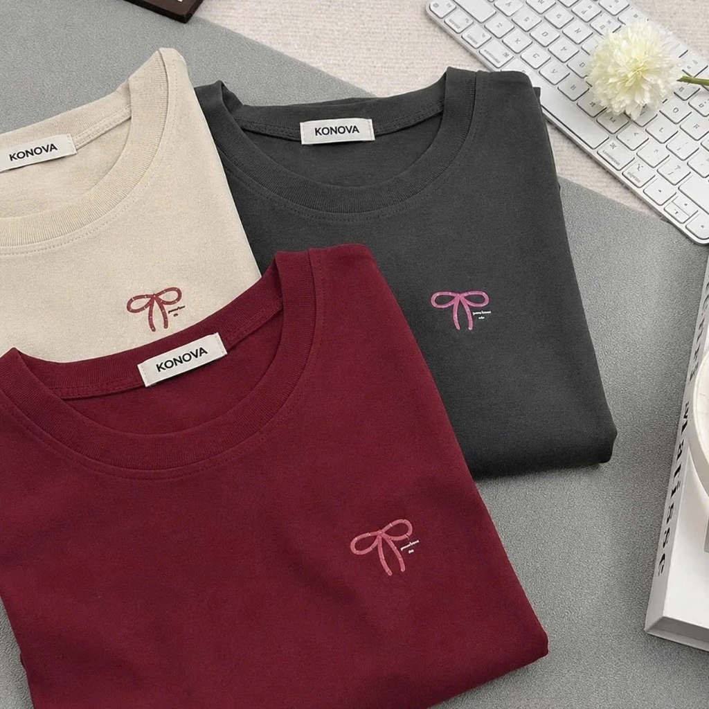 Áo Thun Nữ COTTON Cao Cấp Mềm Mại Mát Mẻ KONOVA Form Rộng In NƠ NHỎ đơn giản
