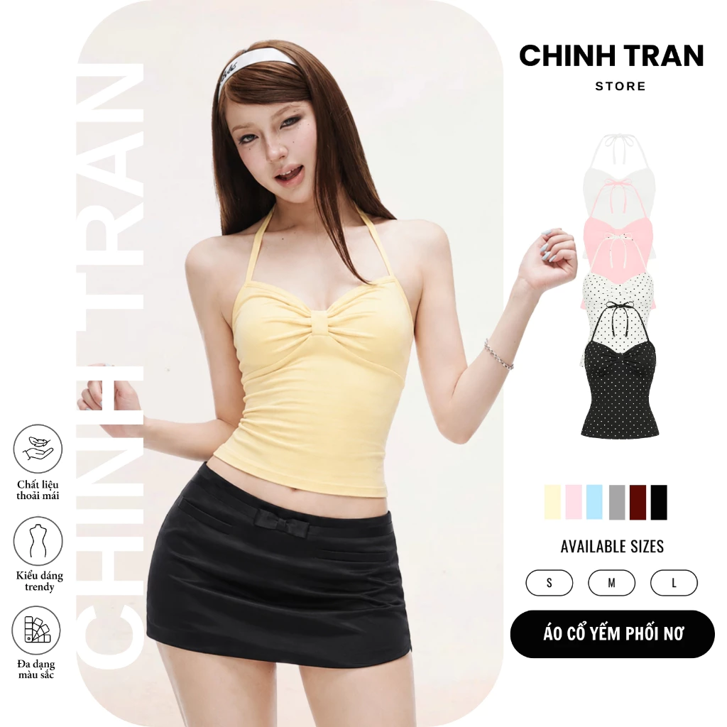 [MỞ BÁN] Áo cổ yếm phối nơ ôm body nữ tính nhiều màu basic-Chinh Trần Store