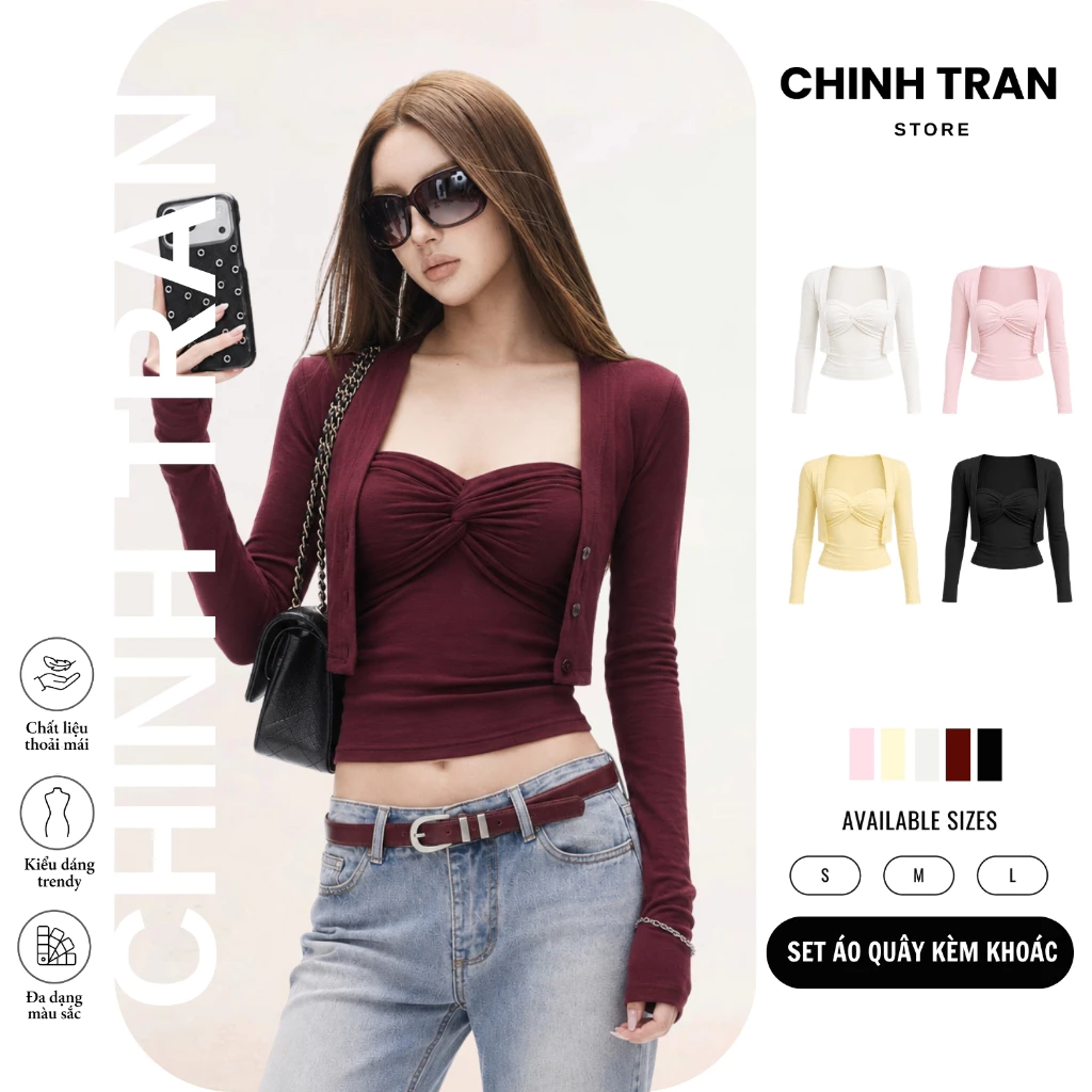 Set Áo Khoác Cardigan Kèm Áo Quây Xoắn Ngực Nữ Tính Nhiều Màu - Chinh Trần Store