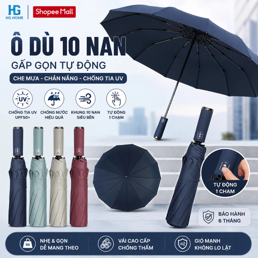 Ô Dù Che Mưa Đi Nắng 10 Nan Gấp Gọn Tự Động Chống Tia UV, Nhỏ Gọn Cầm Tay Tiện Lợi HGHOME