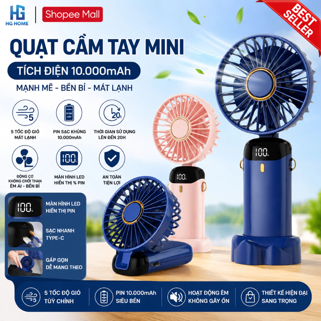Quạt Cầm Tay Mini HGHOME Tích Điện ,Pin Sạc 10.000mAh,5 Tốc Độ Gió Có Dây Đeo Cổ,Đèn LED Hiển Thị Mẫu Mới