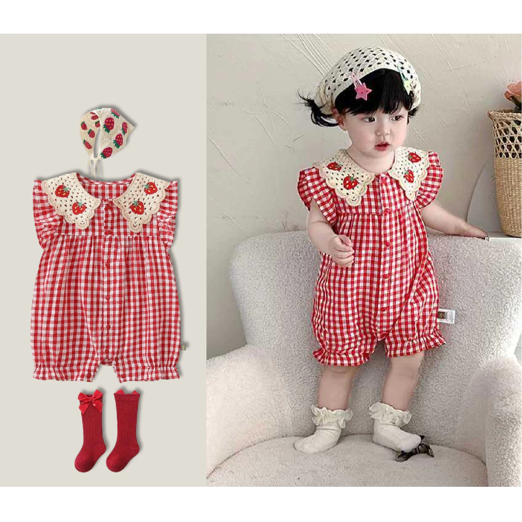 3Pcs Set Newborn Baby Jumpsuit Cute Strawberry Plaid Girl Clothes Cotton Tights Baby Clothes for 0-24M