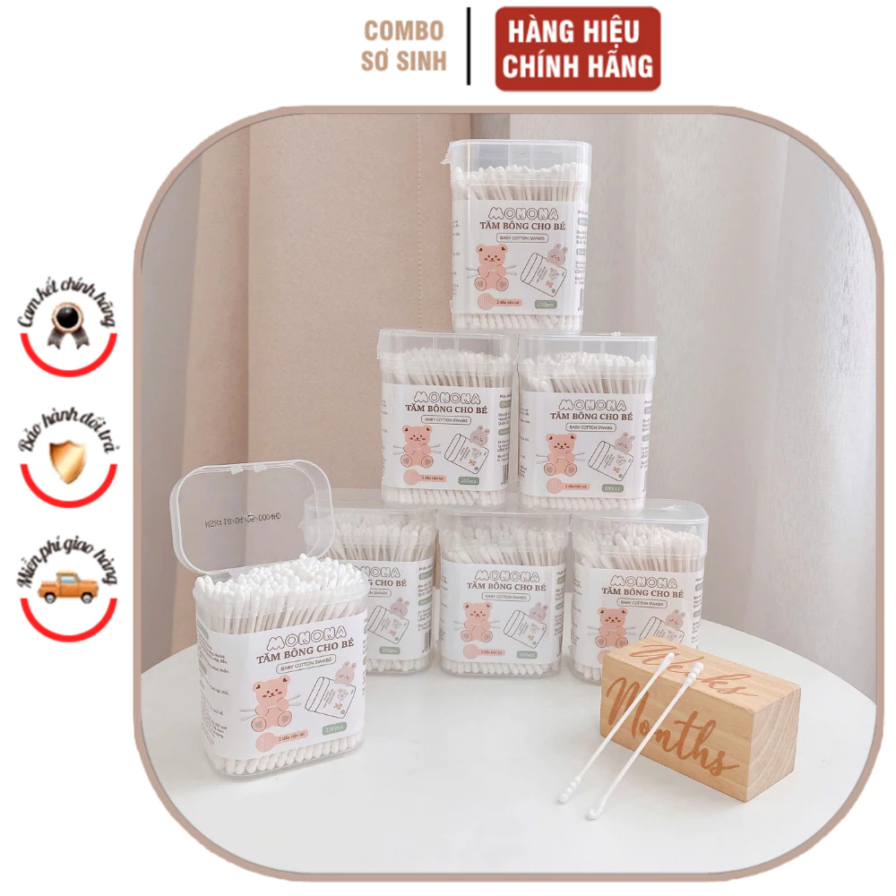 Tăm Bông Kháng Khuẩn Sơ Sinh Monona Làm Từ Bông Tự Nhiên An Toàn Cho Bé (Hộp 200 que)