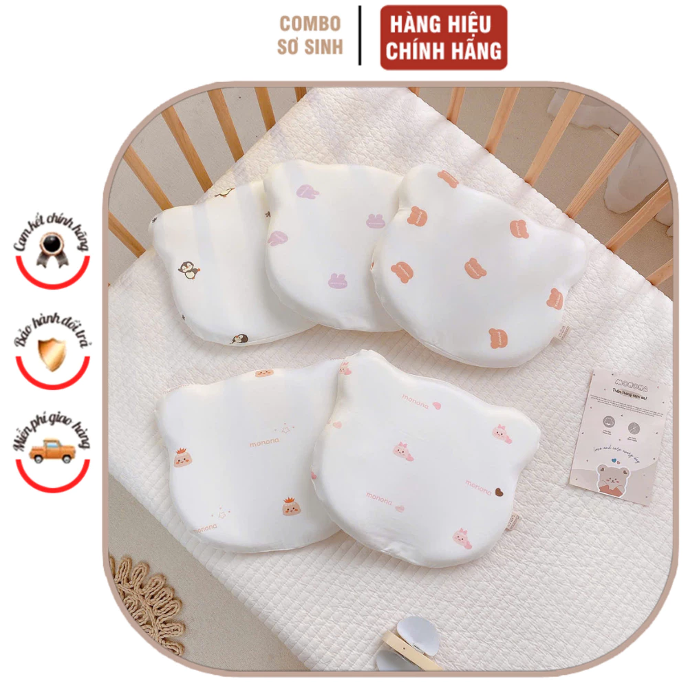 Gối Lõm cao su non MNN047, JN029, MNN133 dành cho bé từ sơ sinh cotton co giãn giúp bé chống bẹp đầu